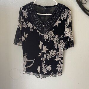 vtg Appointments Petite top womens Black‎ Sheer Floral Rhinestone Size PL
